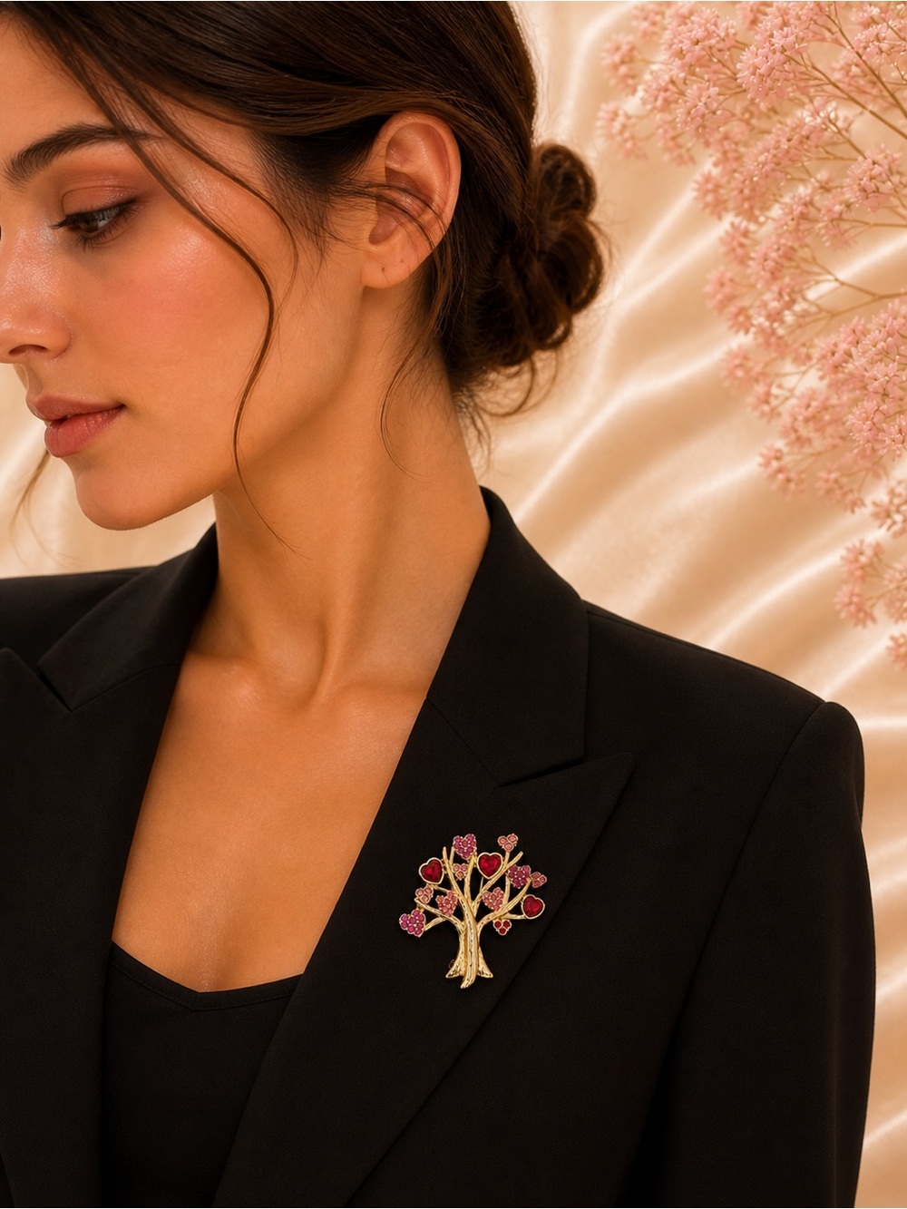 Gold Tree Brooch with Red & Pink Crystal Hearts